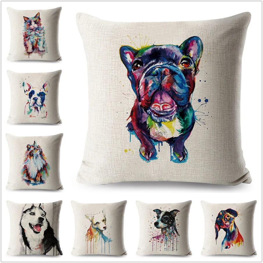 

Watercolor Pet Dog Cat Cushion Cover Linen 45*45 Decorative Cartoon Animals Pillowcase for Sofa Home Colorful Throw Pillow case
