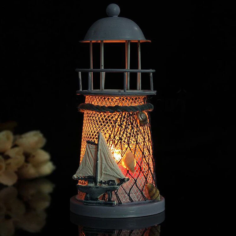 

H145mm Ocean Tin Lighthouse Candle Holder Iron Towl Candlestick Bedroom Mediterranean Style Christmas Gift Home Wedding Decor