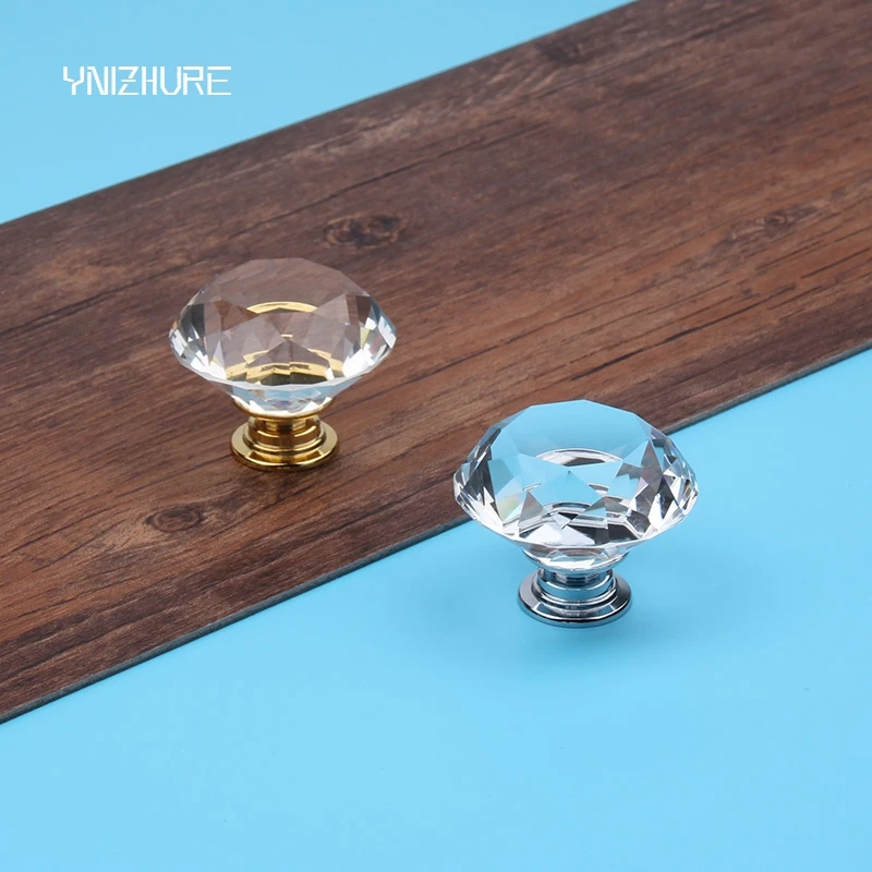 30mm clear Cut crystal alloy gold base cabinet drawer handle knob screw