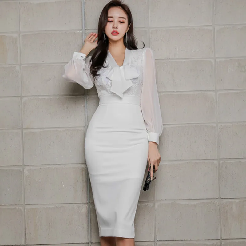 

2019 Spring Bowknot Long Sleeve Chiffon Patchwork high Waist Bodycon Knee-Length Pencil Office Cloth White Work Dress