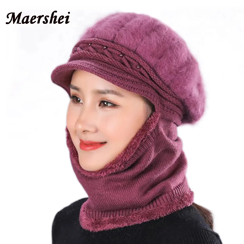 MAERSHEI, женская зимняя меховая шерстяная шапка, вязаная шапка, цельная шапка, шерстяная вязаная женская одежда среднего возраста, для холодной погоды, для катания на лыжах