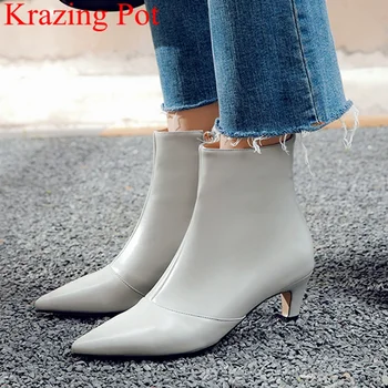 

2020 new arrival pointed toe zipper cow leather thin heel ankle boots high heels solid office lady keep warm winter shoes L00
