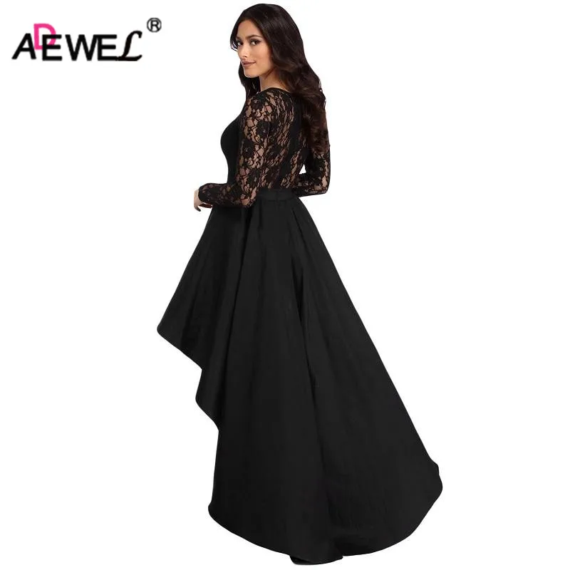 

ADEWEL New 2019 Spring Cute High Low Satin Lace Dress Women Elegant Floor-Length Long Dress Long Sleeve Maxi Party Dresses