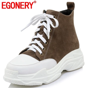 

EGONERY women shoes 2019 winter newest concise casual high wedges platfrom round toe lace-up flock black and beige ankle boots