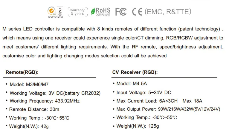 Ltech LED RGB контроллер M4-5A приемник M7 rf Беспроводной сенсорным дистанционного управления; DC5 ~ 24 В 5Ax4CH 20A Выход для 5050/3528 RGB полосы Применение