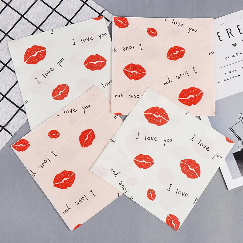 

20Pcs/lot 33*33CM Sexy Lips Printed Wedding Paper Napkins For Decoupage Birthday Party Decorations Supplies I Love You