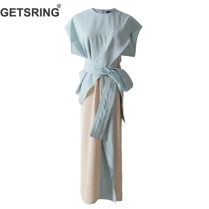 

GETSRING Women Dresses Irregular Patchwork Bandage High Waist Lotus Leaf Long Dress 2018 Temperament Short Sleeve Summer Dresses