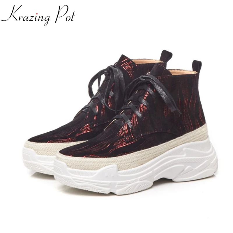 

Krazing Pot winter kid suede beauty lady gorgeous round toe thick bottom lace up preppy style leisure platform Chelsea boots L65
