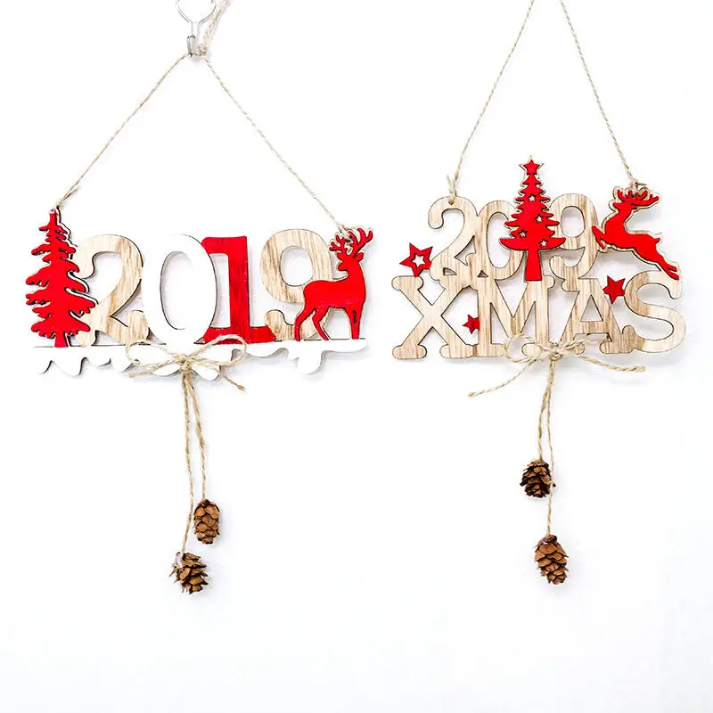 

New 2019 Letter Card Door Xmas Tree Hanging Pendants Elk Tree Painted New Year Wall Ornaments 18*9 cm 15*10 cm Wood Crafts 1 PC
