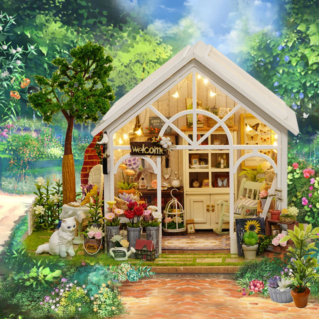 

Interesting Dollhouse Sunlight Greenhouse 3D Assembly DIY Household Creative House Kit with Dustproof Cover and Musical Movement