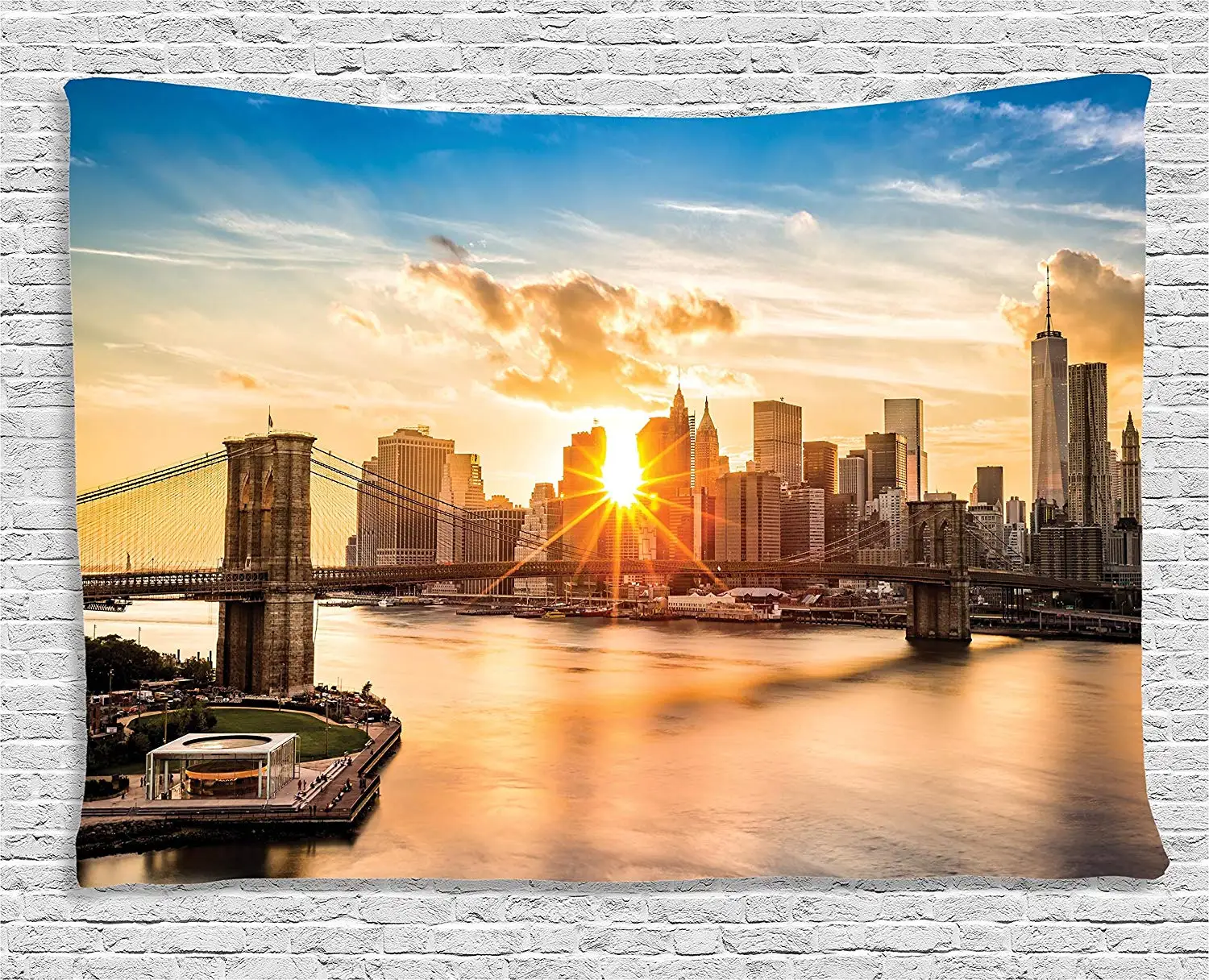 Sunset Tapestry Art Decor New York Cityscape Brooklyn Bridge Manhattan Hudson River Center of 