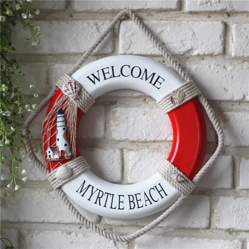 

Hot Sales Mediterranean Decorative Wooden Red Life Buoy Figurines Blue Wall Hanging Nautical Sea Figure Interior Decoration