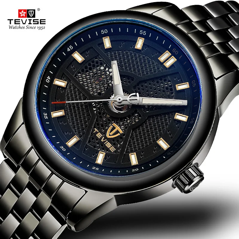 

TEVISE 2018 Automatic Mechanical Steel Mens Watches Black Luminous Waterproof Transparent Skeleton Watch Men Relogio Masculino