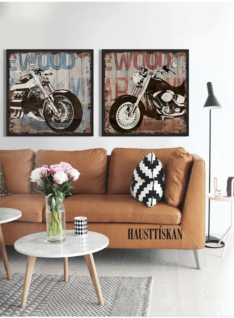 

2 panels Vintage Harley motorcycle canvas paintings Street art graffiti poster printer sofa wall decals
