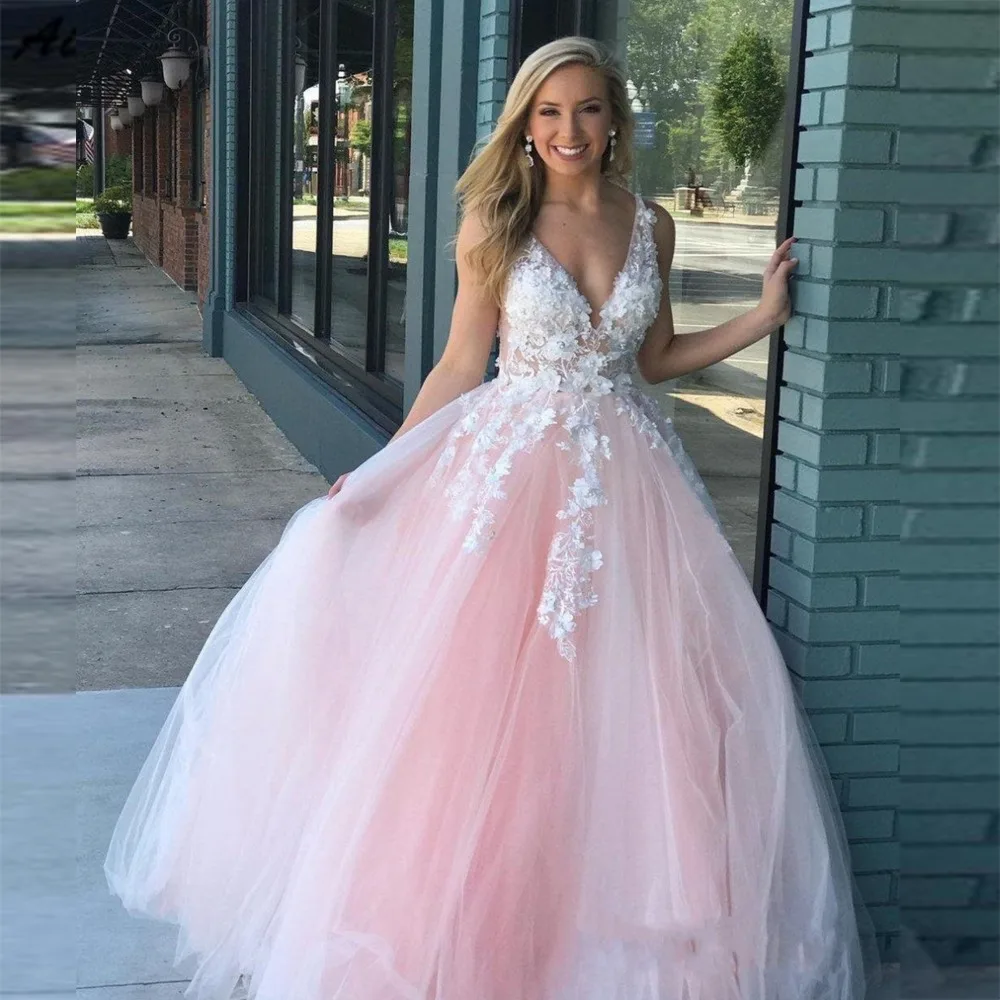 

Romantic Design Princess Beaded Blush Pink Lace Applique vestidos de fiesta Party A-Line V-Neck Prom Gowns 2019 Prom Long Dress