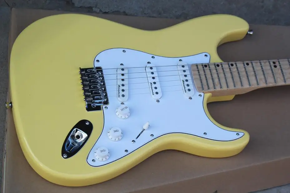 

Factory Custom Milk Yellow Electric Guitar with Big Headstock,Scalloped Maple Fretboard,3 Pickups,offer customized free shipping