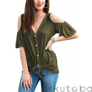 

Women's Summer Casual Cold Shoulder Short Sleeve V-Neck Loose Blouse Button Shirt Tops