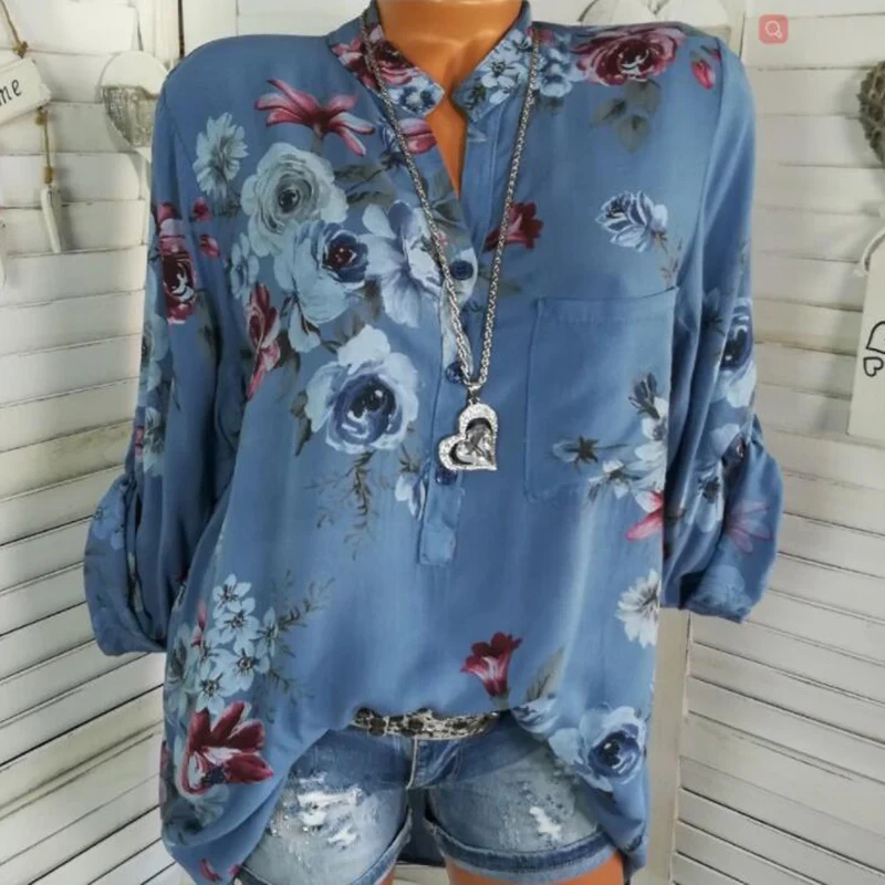 

plus size Autumn Women Loose Floral Print Blouses Tops Long Sleeve Stand Collar Casual Shirts Ladies Streetwear Blusas Camisas