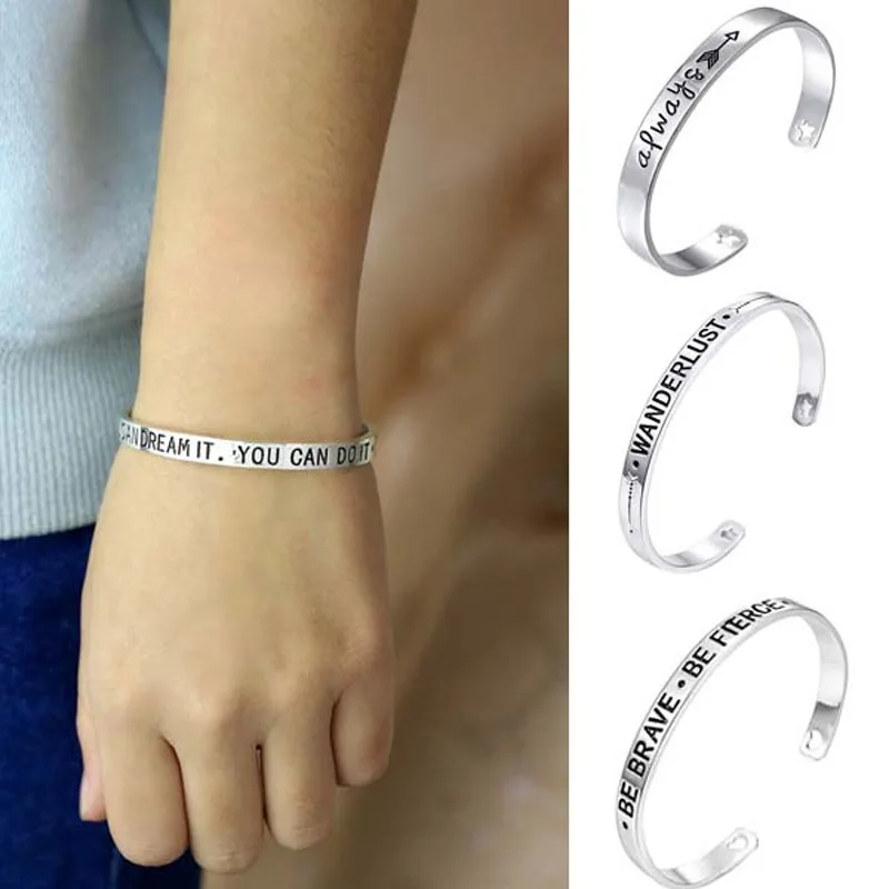 

JEPHNE Silver Plated Cuff Bangle Inspirational Quote Bangle Bracelet Always Wanderlust Be Brave You can Dream it Women Men Gifts