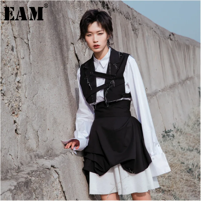 [EAM] новая весенне-Летняя короткая юбка с высокой талией, хит цвета, плиссированная комбинированная Асимметричная Женская модная универсальная юбка JY517