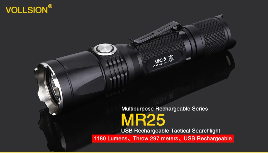 VOLLSION MR25 1*18650/2*16340/2 * CR123A USB Перезаряжаемые и стока тактический фонарь Алюминий 1180 Люмен