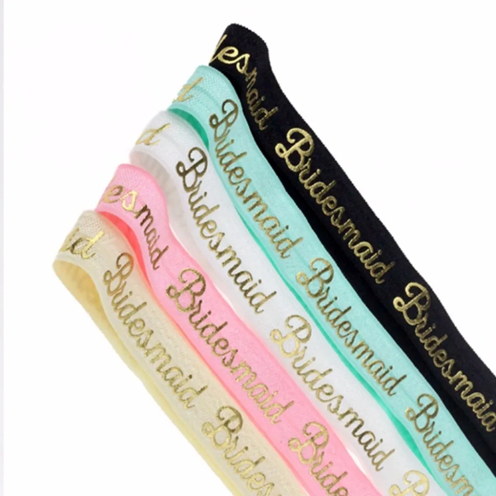 

5/8" gold fold bridesmaid letter printed foe elastic ribbon fold over elastic welcome custom printed