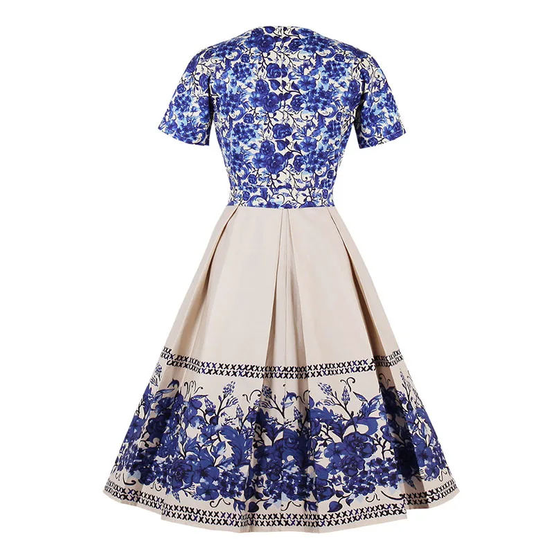 Kostlich Blue And White Porcelain Print Summer Dress Women 2017 Short Sleeve 1950s Vintage Dress Belt Tunic Sexy Party Dresses (8)