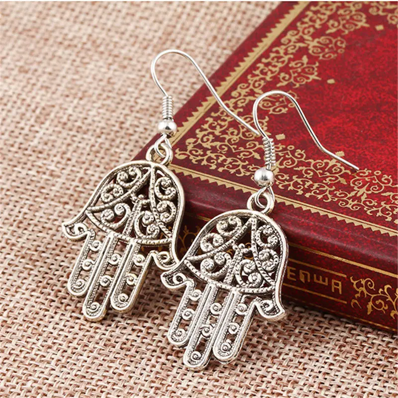 

Hot Boho Silver Color Pierced Fatima hamsa Hand Hook Earrings Dangle Drop Brincos For Women Fine Jewelry Bohemian Jewelry E021.