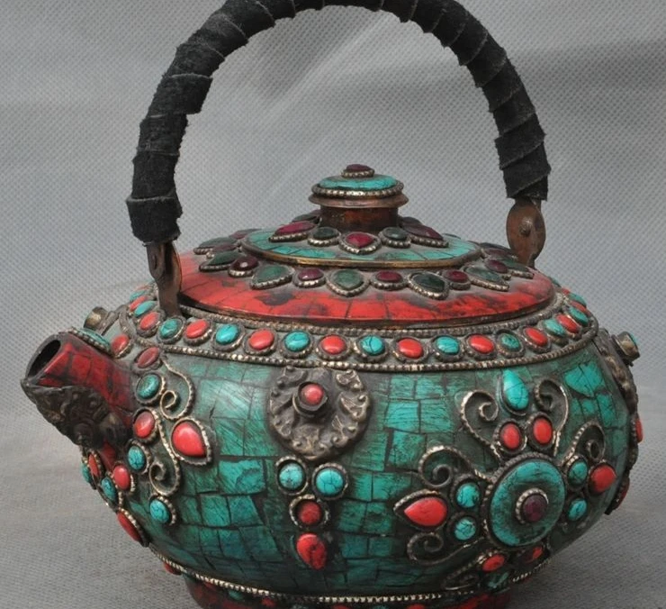 

7" Nepal Bronze Inlay Turquoise Red Coral Teapot kettle Water Bottle Tea pot