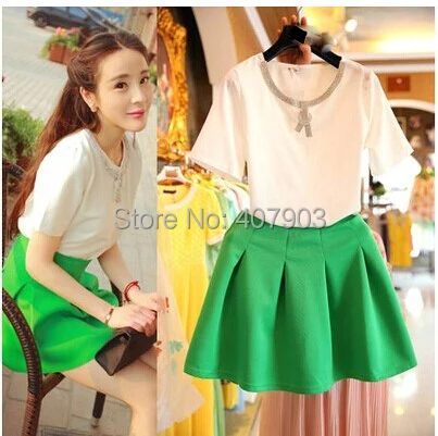 Attached Beautiful Necklace White Shirt Blue Green Gown Mini Women Attached Beautiful Necklace White Shirt Blue Green Gown Mini Women Summer Dress 2 Pieces Clothing Set