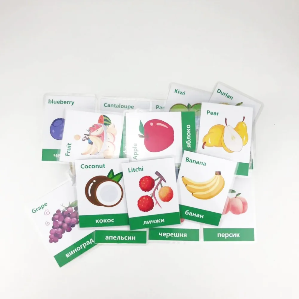 Cartões de Memória Flash para Crianças Sala de Aula Jogos de Memorie Frutas Legumes Aprendizagem Russa & Inglês Montessori Brinquedos Educativos 66 Pçs - Set 24 & Inglês Cartões de Memória Flash para
