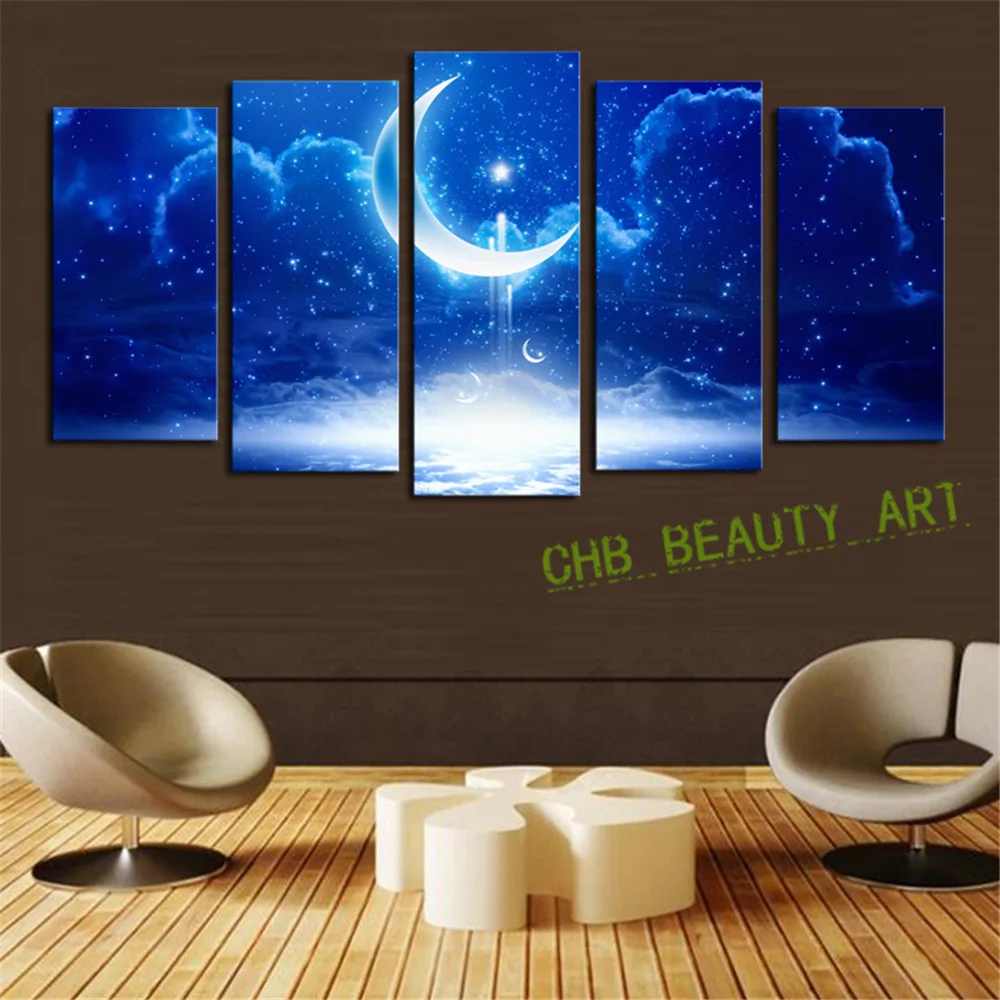 5 Panel Modern Abstract Blue Moon Cloud Wall Art Picrue 5 Panel Modern Abstract Blue Moon Cloud Wall Art Picrue