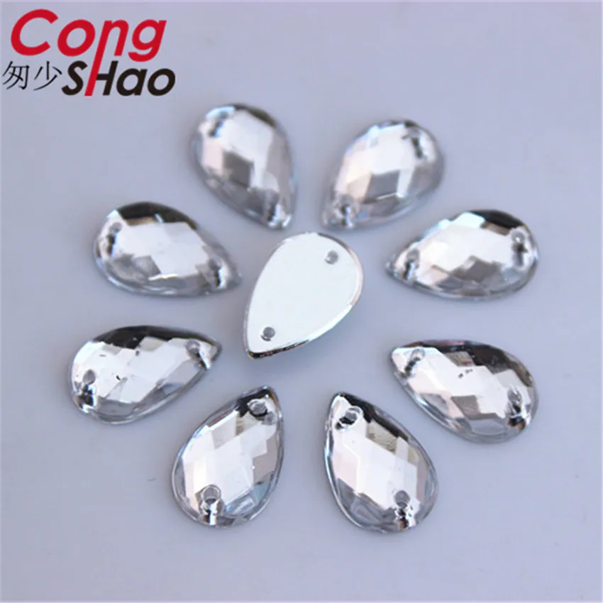 

Cong Shao 300PCS 8*13mm Clear Drop Acrylic Rhinestone trim flatback sewing 2 Hole DIY costume Button Crystal Accessories CS661H