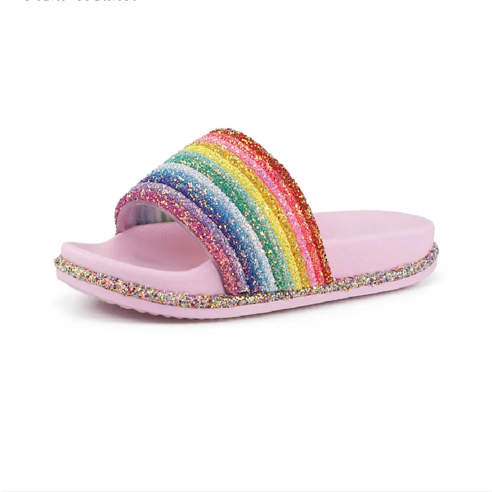Mules Women Rainbow Slippers Glitter Slides Women's Summer Shoes Bling Slippers Women Fashion Beach Flip Flops Shoe Woman