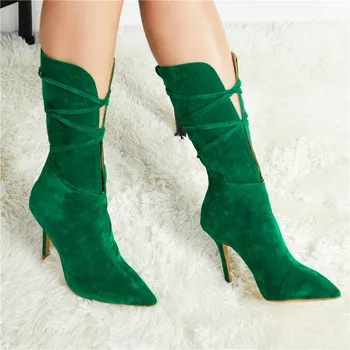 

Brand Designers Women Green Stilettos Mid Calf Boots Suede Cutouts High Heels Shoes Women Cross-tied Pointed Toe Gladiator Boots
