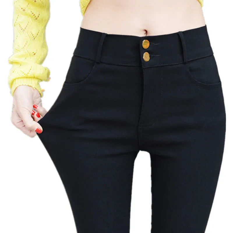 Женская Повседневная Уличная мода смесового хлопка узкие брюки женские ботильоны длина Тощий Пант Твердые Черная кнопка карман брюк - Цвет: button black