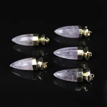 

5pcs,Paved Gold cap with Natural Amethysts Faceted Slice points,Raw Purple Crystal Quartz bullet stick Pendants Necklaces
