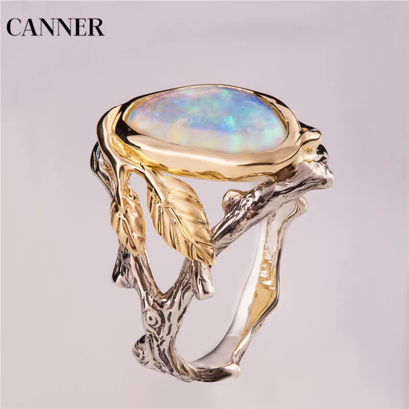 Canner винтаж Серебро Золото Цвет листья кольцо кольца с Синим Опалом для женщин Свадебные обручальные ювелирные изделия