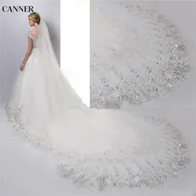 Canner Luxury 4 Meters Full Edge With Lace Bling Sequins Long Wedding Veil With Comb White Lvory Bridal Veils