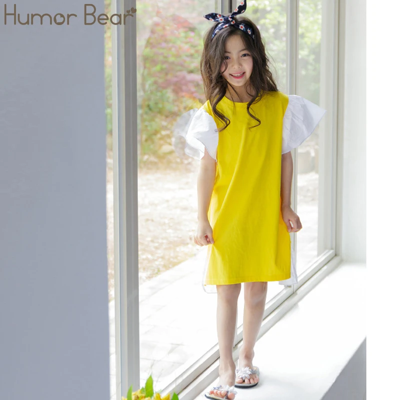 

Humor Bear 2019 New Summer Girls Cotton Yellow T-shirt Dress Girls Dress Flare Sleeve Children Patchwork Dress Toddler Clothes