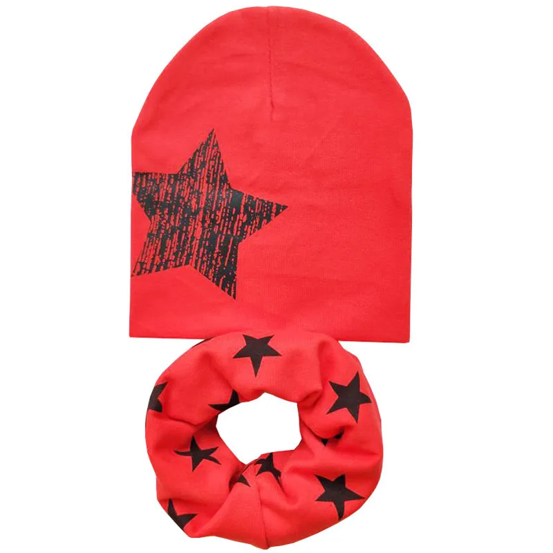 Полосатый хлопковй с принтом звезды детский набор из шапки и шарфа для маленьких мальчиков и девочек Кепки шарф осень-зима детская шляпа, шарф воротник Детские вязаные шапки Кепки - Цвет: Red one star set