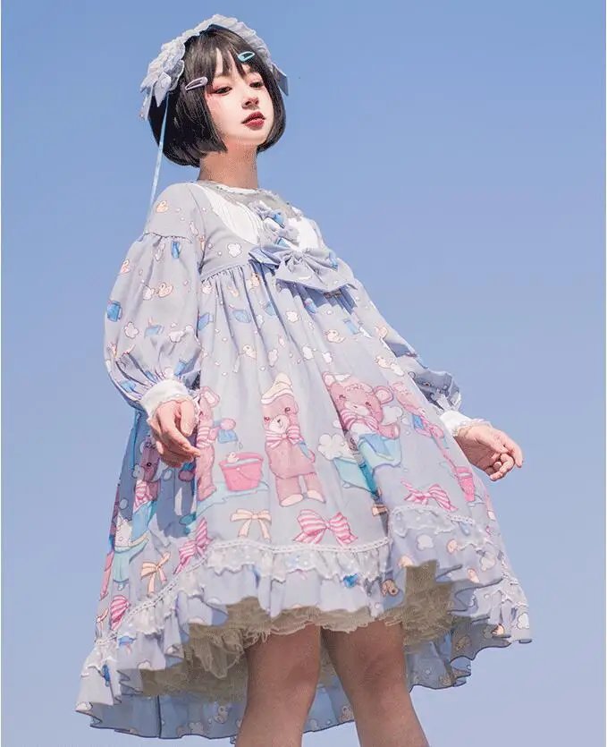 Японское милое платье в стиле Лолиты, винтажное кружевное платье с бантом и воротником в стиле Питера Пэна, милое платье с принтом в викторианском стиле, платье в стиле каваи для девочек, Готическая Лолита, op cos