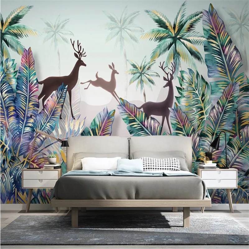 Custom 3d wallpaper mural hand-painted Nordic forest animal tropical plant landscape wall - high-grade waterproof material Custom 3d wallpaper mural hand-painted Nordic forest animal tropical plant landscape wall - high-grade waterproof material