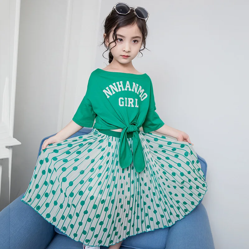 

2019 New Summer Teenage Girl T-shirt+Skirt 2 pcs Sets Summer Children Age for 4-14 yrs Big Girls Bohemian Style Beach Clothes