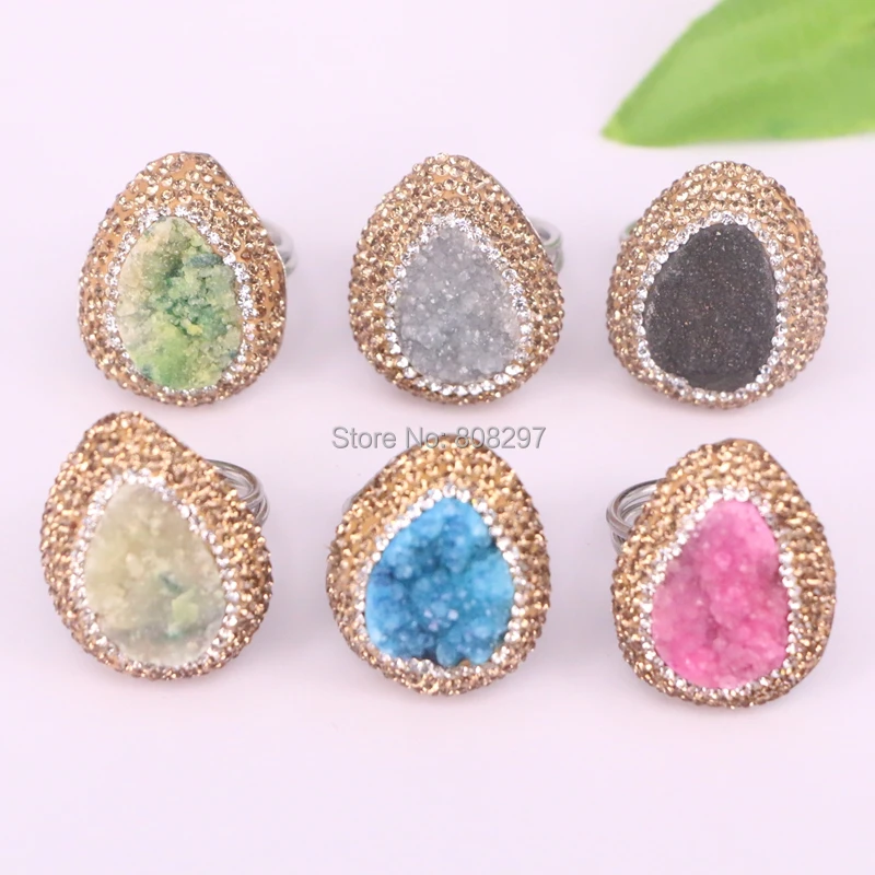 

Fashion 5Pcs High Quality Natural drusy stone rings, Pave Crystal Rhinestone Gem Ring in Mix Color