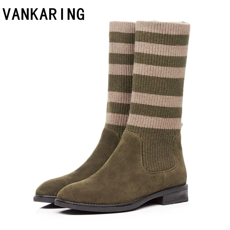 

women mid-calf ankle boots autumn winter warm wedge shoes woman genuine leather casual quality brand stretch wool snow boots