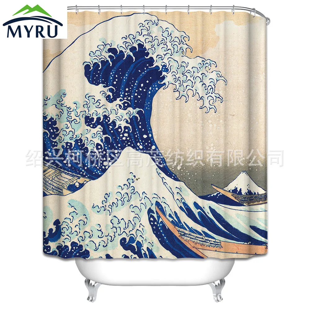 Japan Style Sea Wave Pattern Digital Printing Shower Curtain Polyester