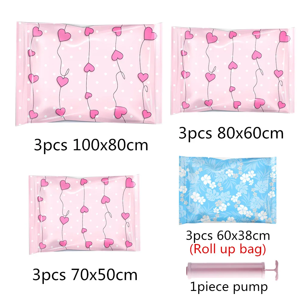 

Hot sale 12pcs Vacuum Clothes Bags with Pump Space Saveing Under Bed Storage Bag Wardrobe Suitcase Closet Organizer Packaging