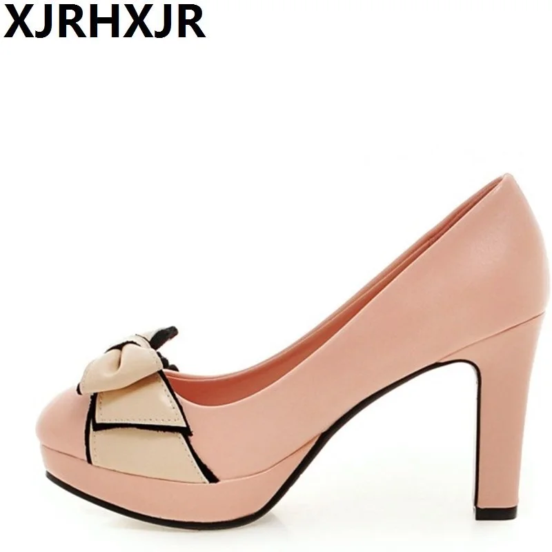 

XJRHXJR 2019 New High Heels Fashion Round Toe Wedding Party Pumps Shoes Woman Sweet Bow Office Lady Work Casual Shoes