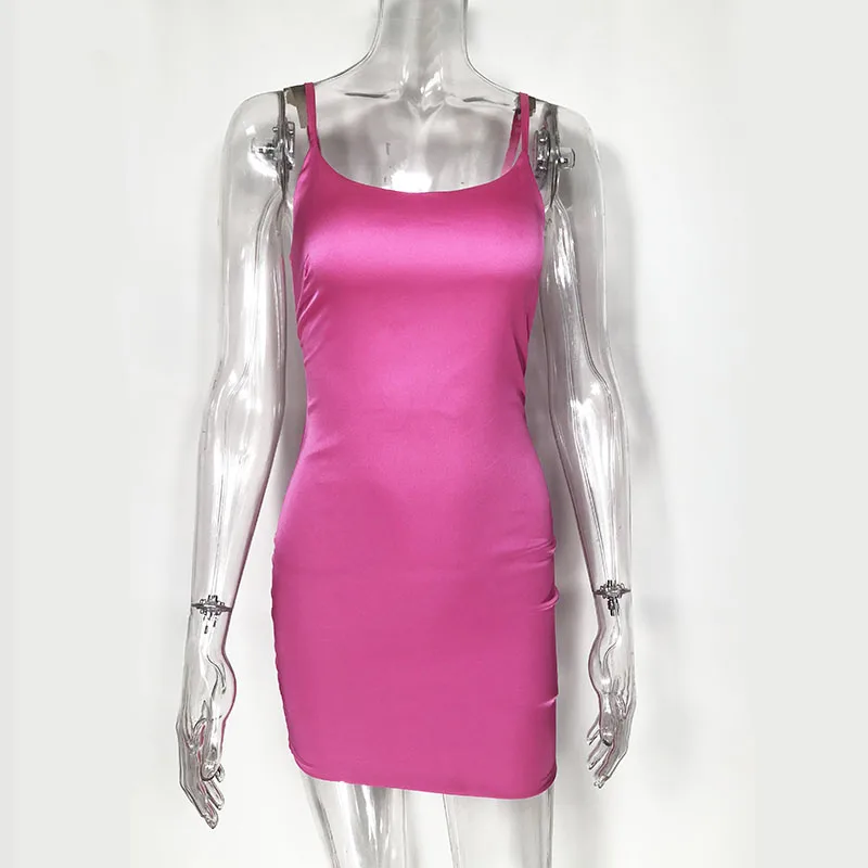 Colysmo, стрейч, мини сатиновое платье, женское, сексуальное, на бретелях, облегающее, облегающее, вечерние, неоновое, зеленое, розовое, летнее платье, Двухслойное - Цвет: Pink